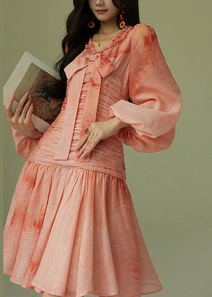 Italienisches Batik-Baumwollkleid mit Rüschen, Schleife und Puffärmeln