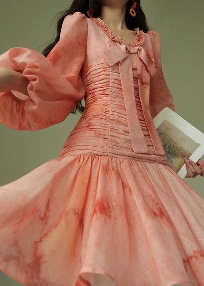 Italienisches Batik-Baumwollkleid mit Rüschen, Schleife und Puffärmeln