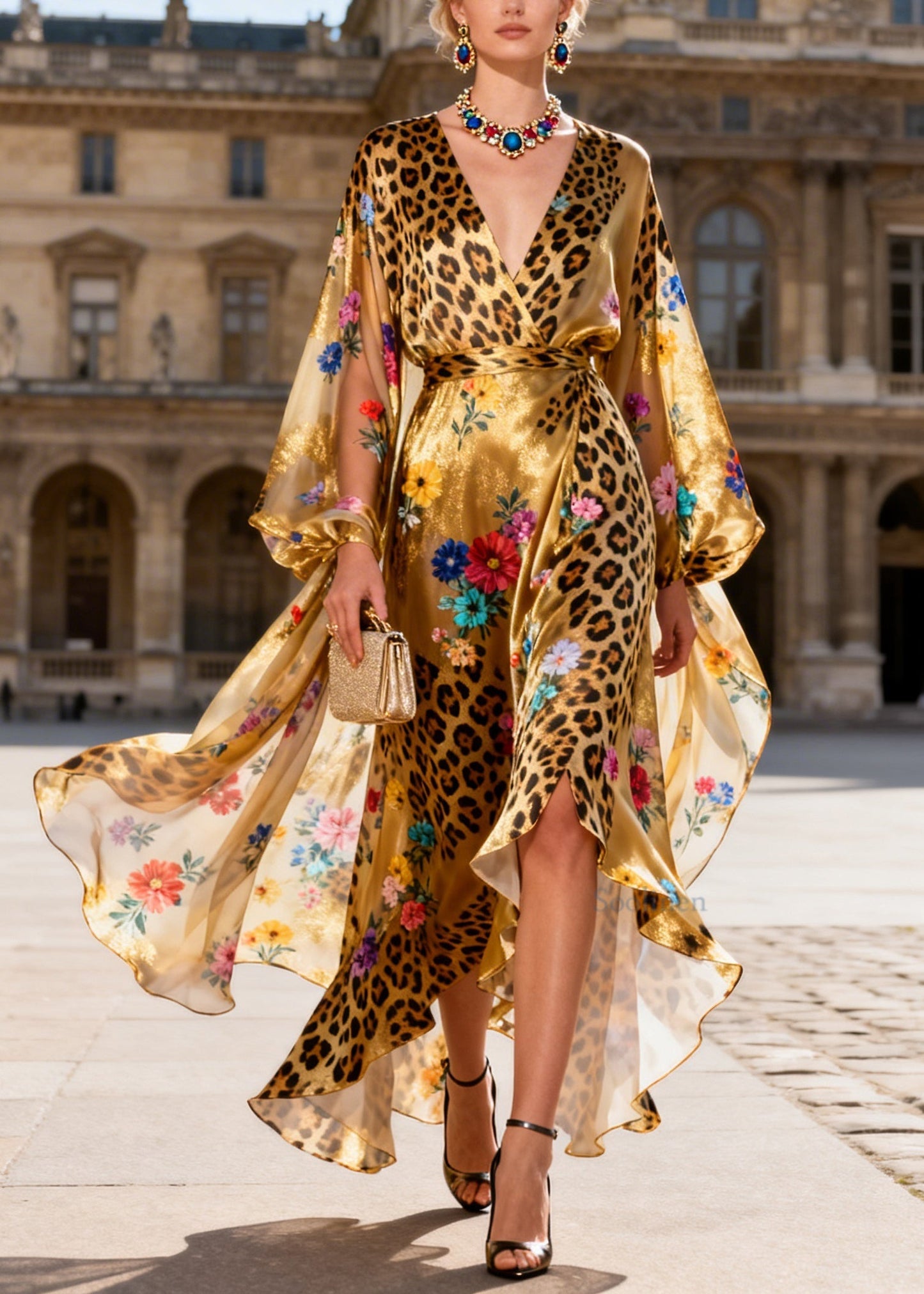 Italian V Neck Asymmetrical Design Print Silk Long Dress Summer