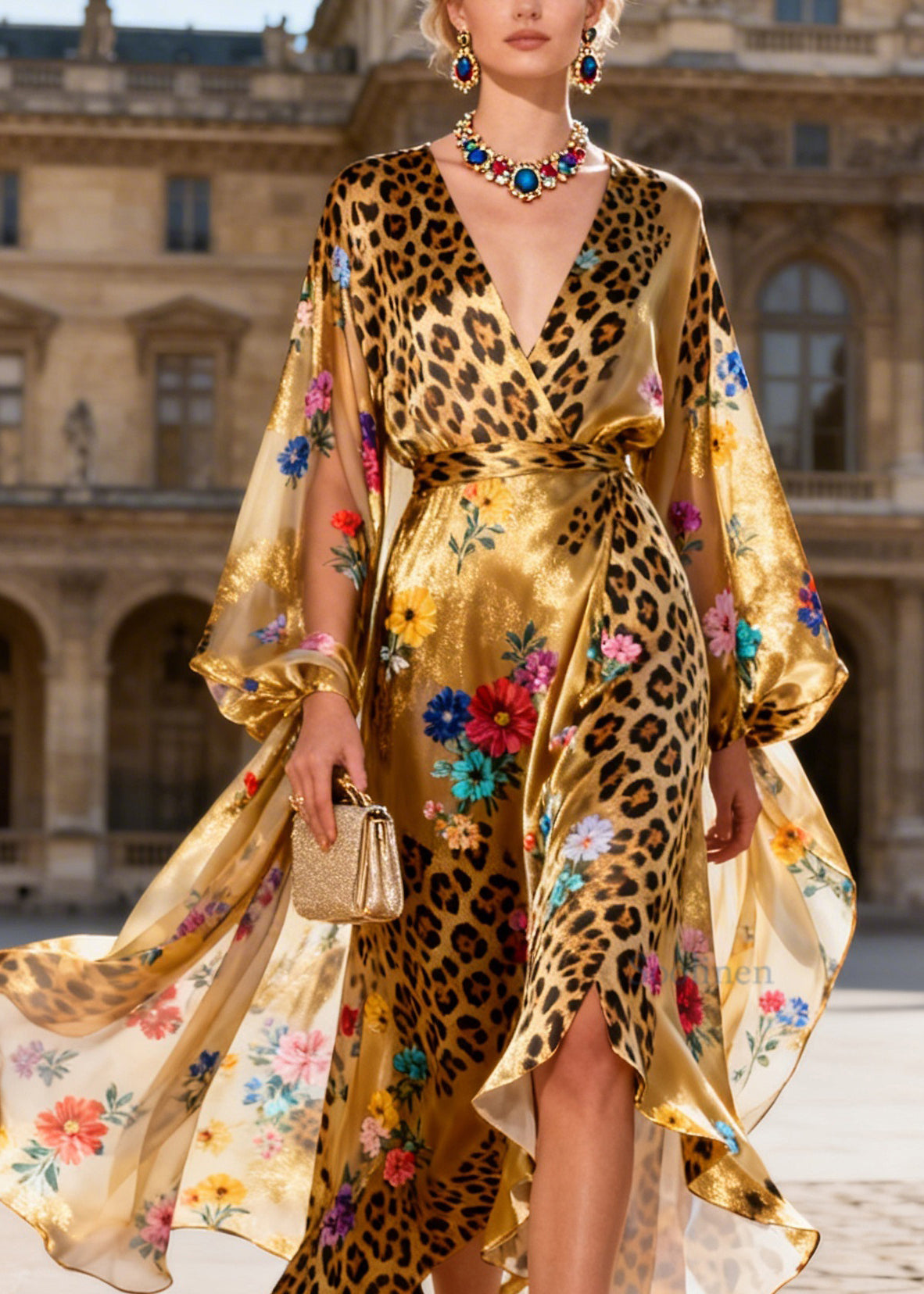 Italian V Neck Asymmetrical Design Print Silk Long Dress Summer