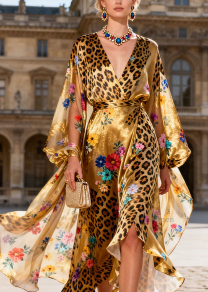 Italian V Neck Asymmetrical Design Print Silk Long Dress Summer