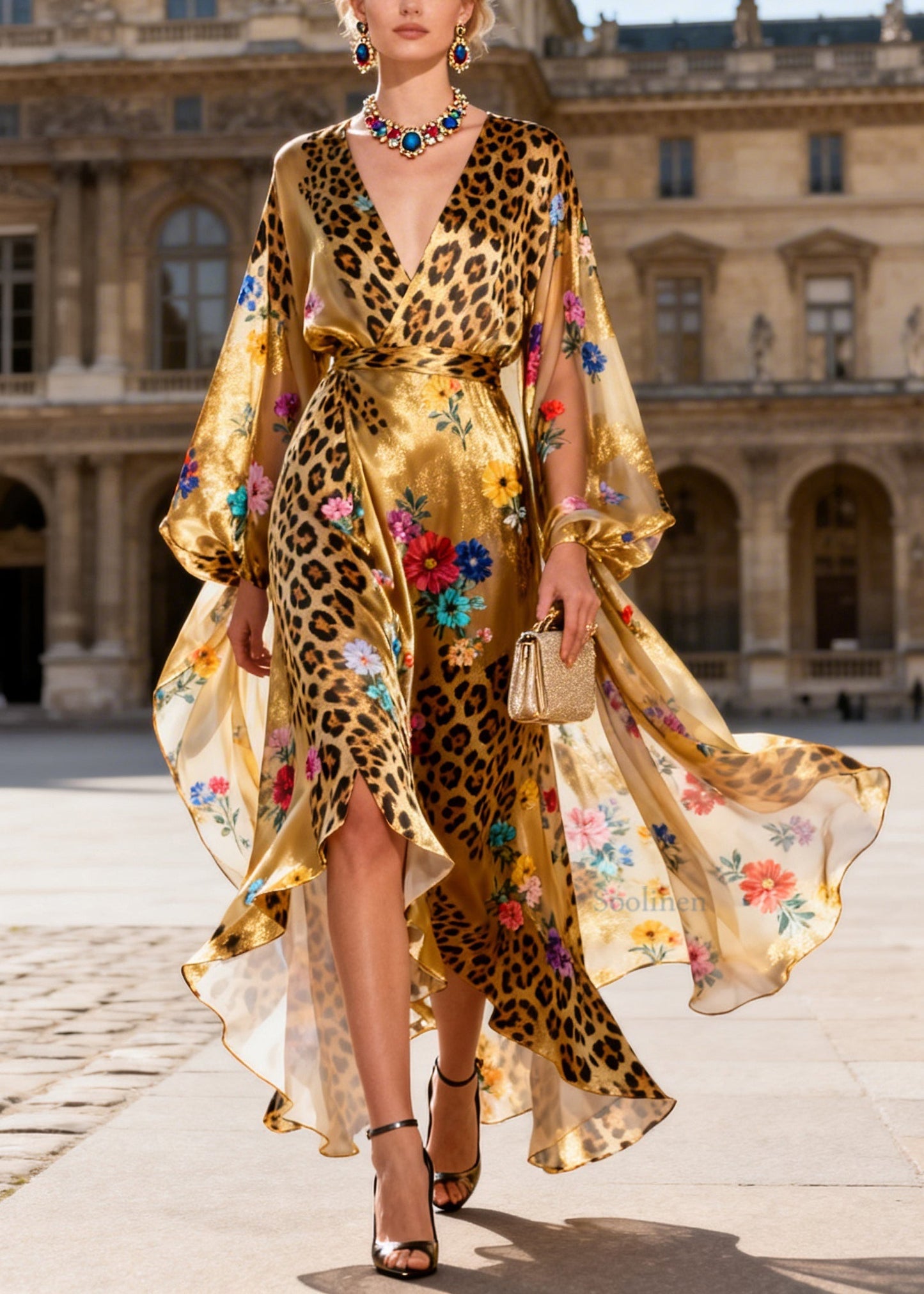 Italian V Neck Asymmetrical Design Print Silk Long Dress Summer