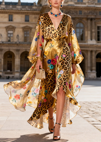 Italian V Neck Asymmetrical Design Print Silk Long Dress Summer