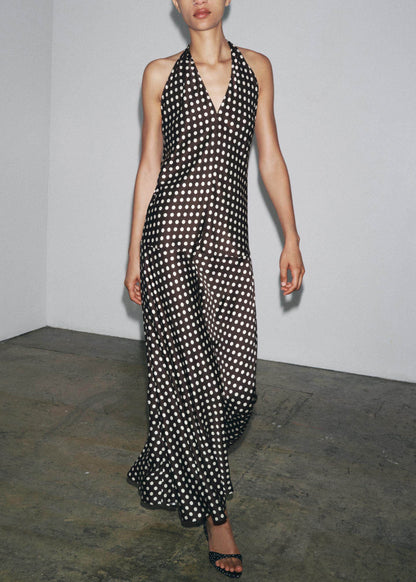 Italian V Neck Dot Print Halter Chiffon Ankle Dress Sleeveless