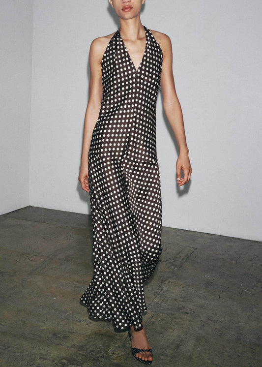 Italian V Neck Dot Print Halter Chiffon Ankle Dress Sleeveless