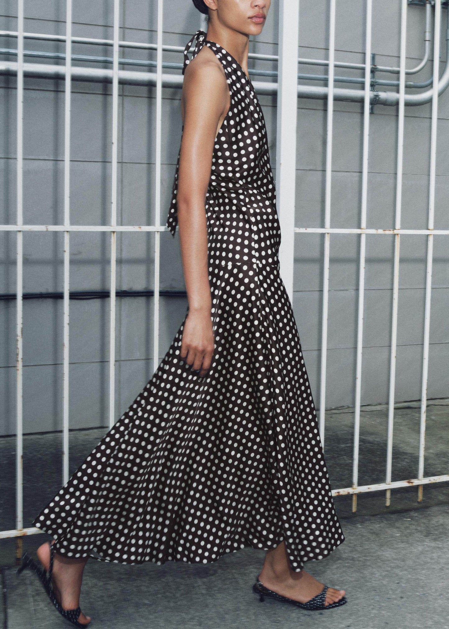 Italian V Neck Dot Print Halter Chiffon Ankle Dress Sleeveless