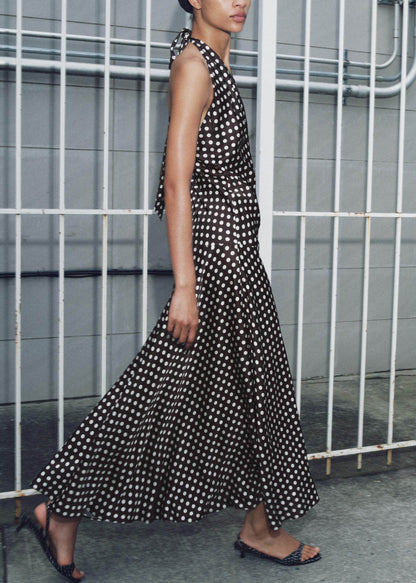 Italian V Neck Dot Print Halter Chiffon Ankle Dress Sleeveless