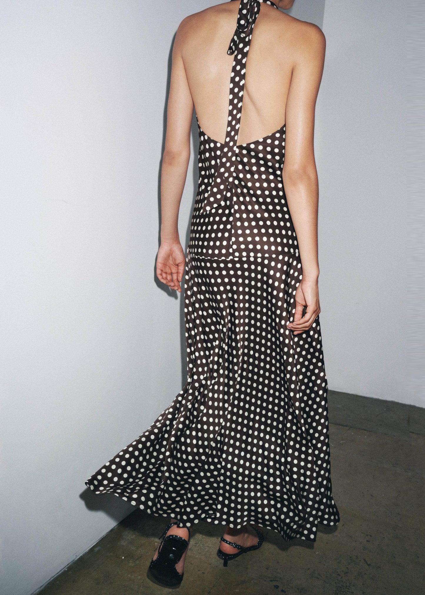 Italian V Neck Dot Print Halter Chiffon Ankle Dress Sleeveless
