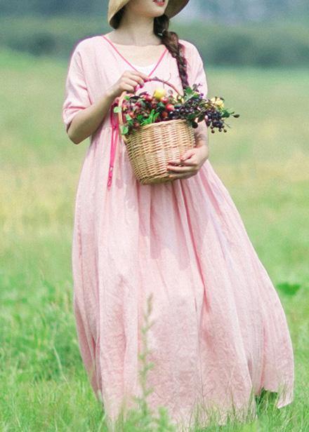 Italian V Neck Half Sleeve Summer Clothes Outfits Pink Vestidos De Lino Dress - SooLinen