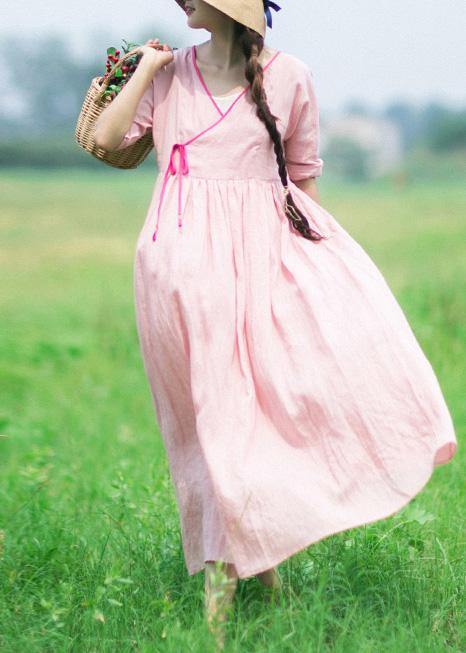 Italian V Neck Half Sleeve Summer Clothes Outfits Pink Vestidos De Lino Dress - SooLinen