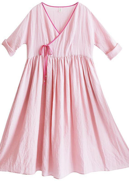 Italian V Neck Half Sleeve Summer Clothes Outfits Pink Vestidos De Lino Dress - SooLinen