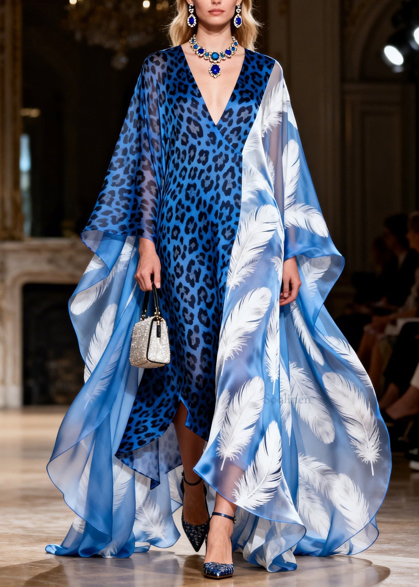 Italian V Neck Leopard Feather Patchwork Chiffon Maxi Dresses Summer