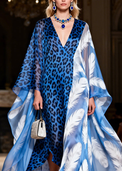 Italian V Neck Leopard Feather Patchwork Chiffon Maxi Dresses Summer
