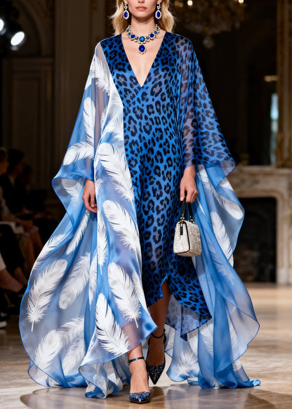 Italian V Neck Leopard Feather Patchwork Chiffon Maxi Dresses Summer