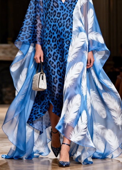 Italian V Neck Leopard Feather Patchwork Chiffon Maxi Dresses Summer