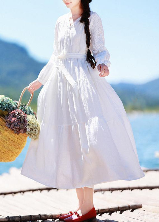 Italian V Neck Patchwork Lace Dress Pattern White Dress - SooLinen