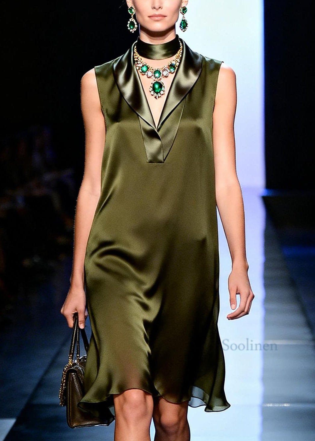 Italian V Neck Patchwork Silk Mid Dress Sleeveless