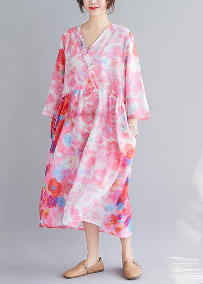 Italian V Neck Patchwork Spring Tunics Tunic Pink Print Maxi Dresses - SooLinen