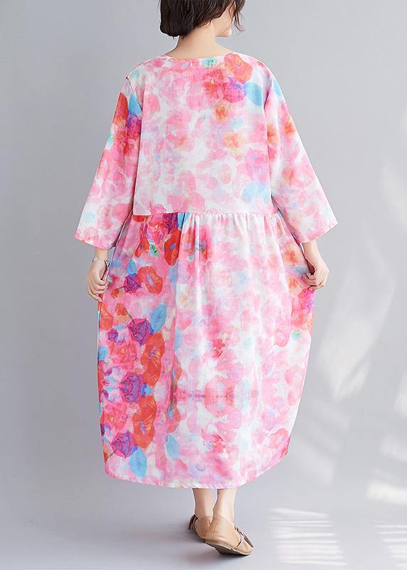 Italian V Neck Patchwork Spring Tunics Tunic Pink Print Maxi Dresses - SooLinen