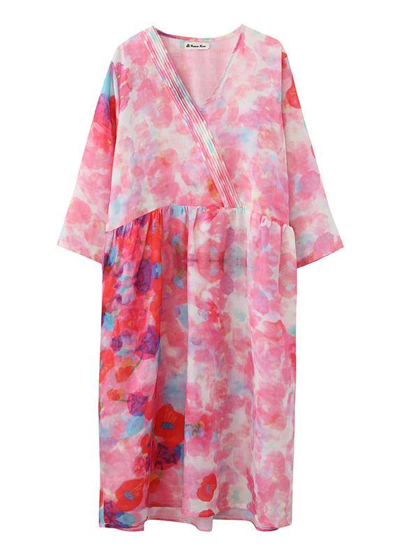 Italian V Neck Patchwork Spring Tunics Tunic Pink Print Maxi Dresses - SooLinen