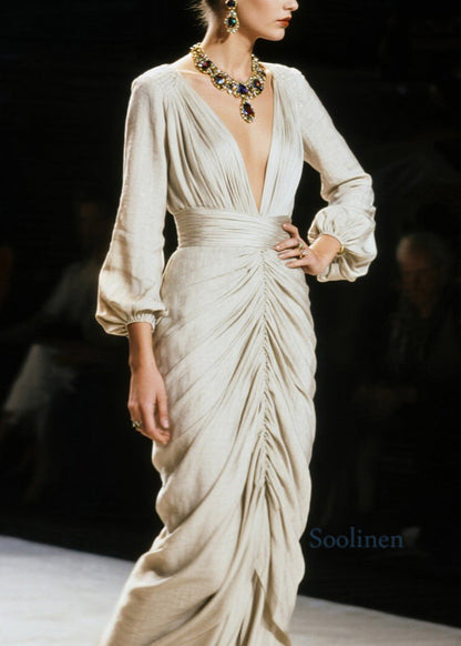 Vestido largo italiano de algodón arrugado con cuello en V para primavera