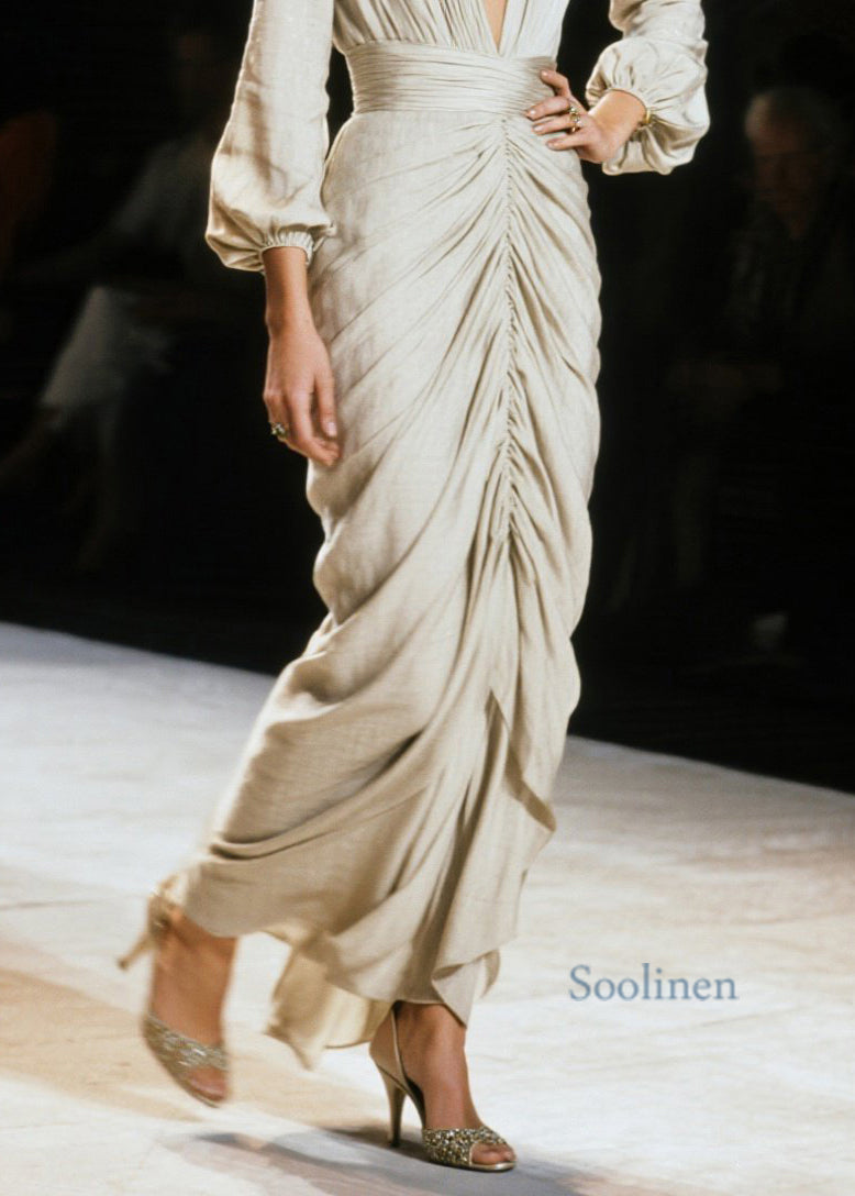 Vestido largo italiano de algodón arrugado con cuello en V para primavera