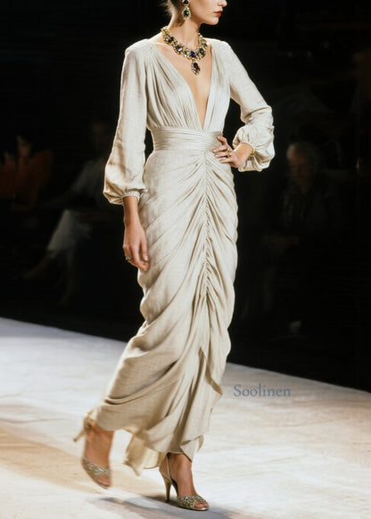 Vestido largo italiano de algodón arrugado con cuello en V para primavera