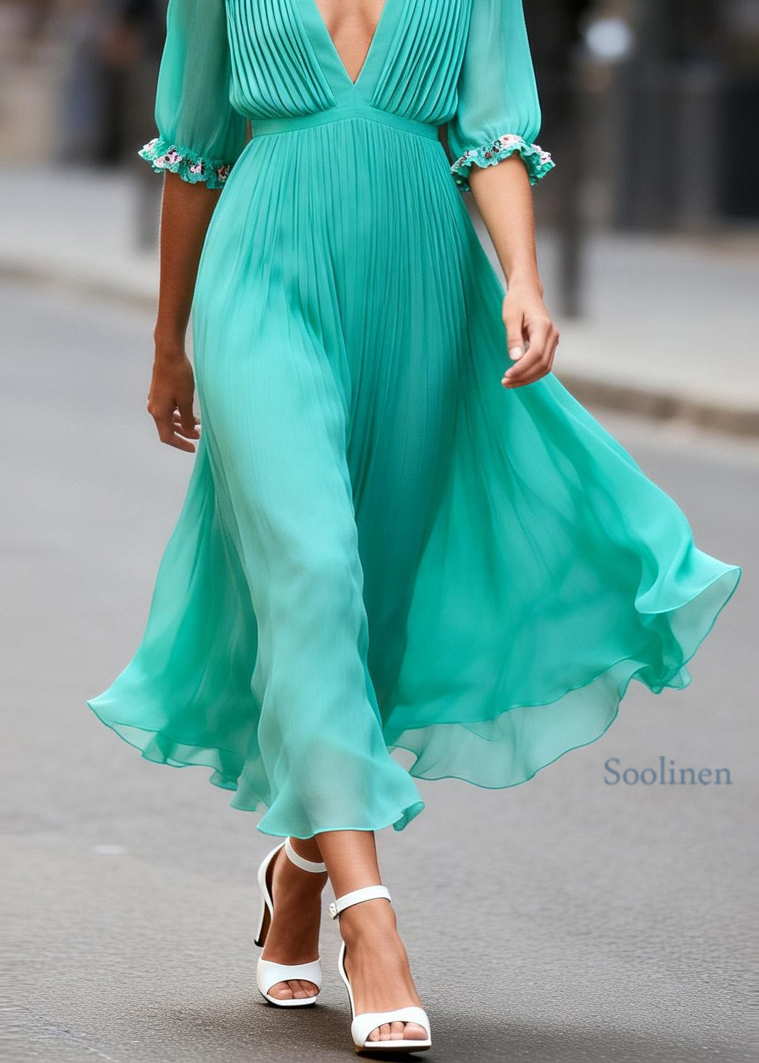 Italian V Neck Wrinkled Floral Patchwork Chiffon Maxi Dress Summer