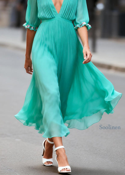Italian V Neck Wrinkled Floral Patchwork Chiffon Maxi Dress Summer