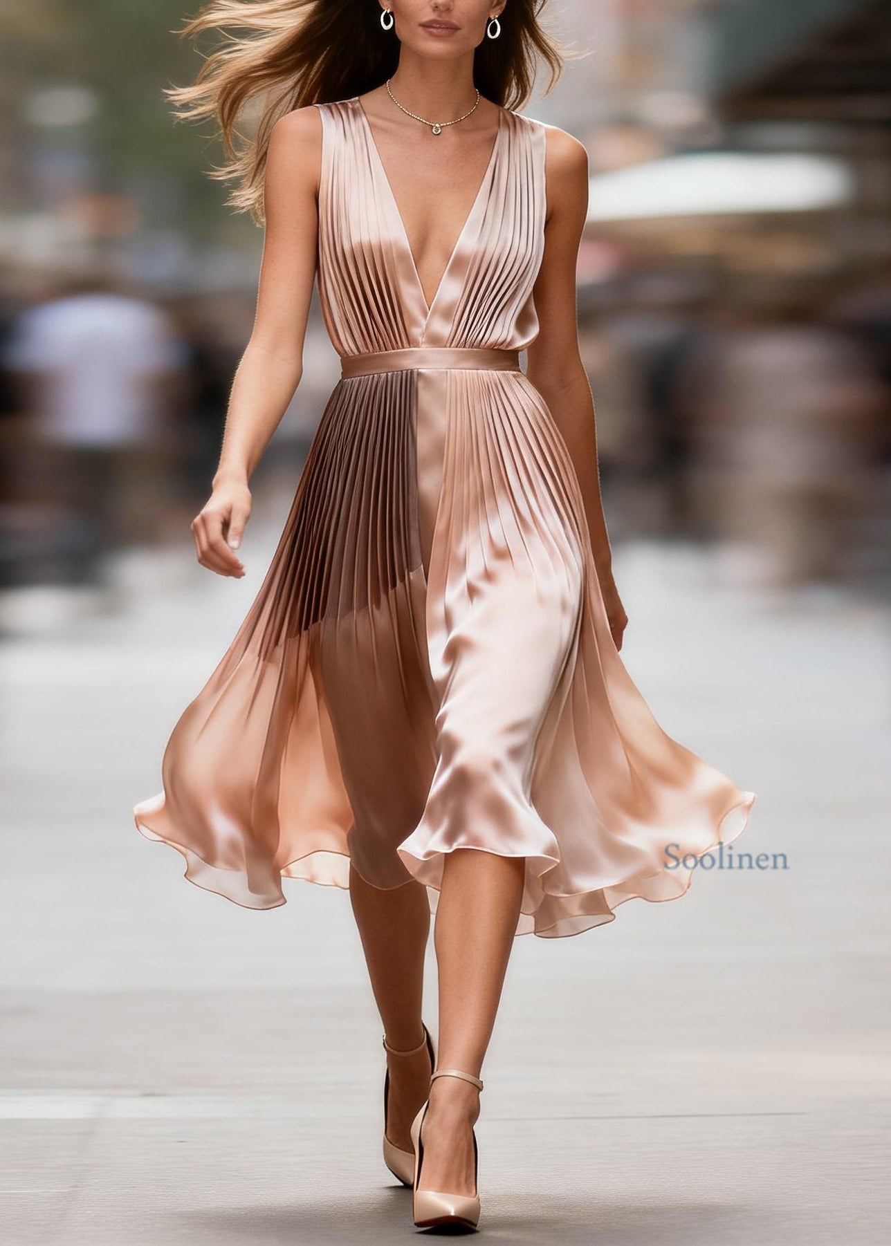 Italian V Neck Wrinkled Patchwork Silk Dress Sleeveless