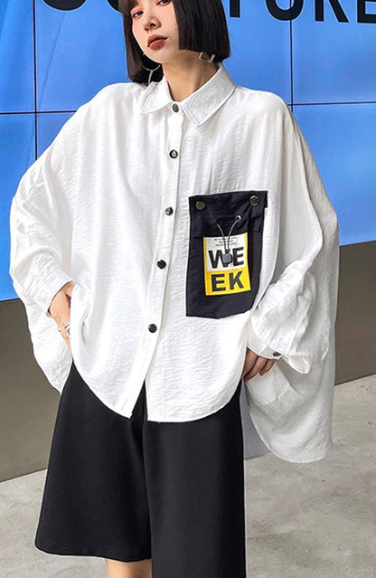 Italian White Batwing Sleeve Cotton Pockets Blouses - SooLinen