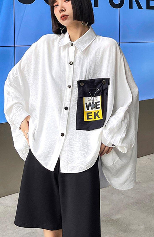 Italian White Batwing Sleeve Cotton Pockets Blouses - SooLinen