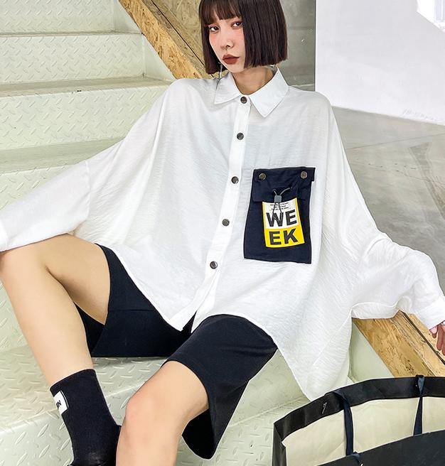 Italian White Batwing Sleeve Cotton Pockets Blouses - SooLinen