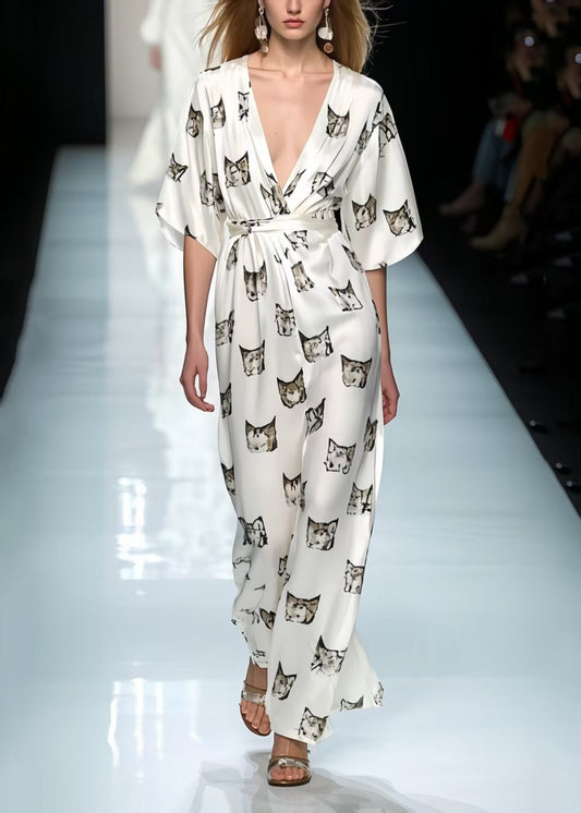 Italian White Cinched Print Silk Party Dress Summer