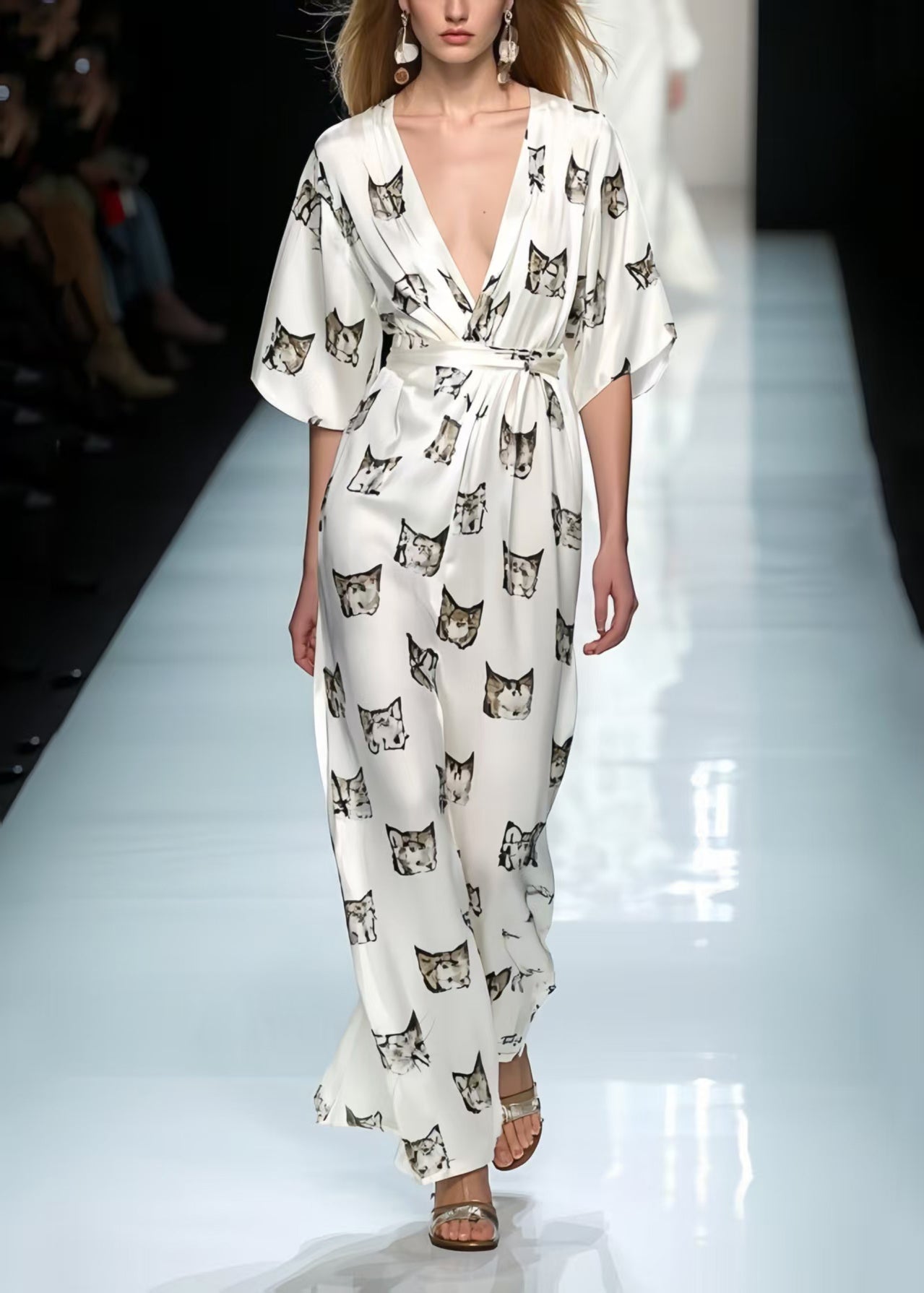 Italian White Cinched Print Silk Party Dress Summer