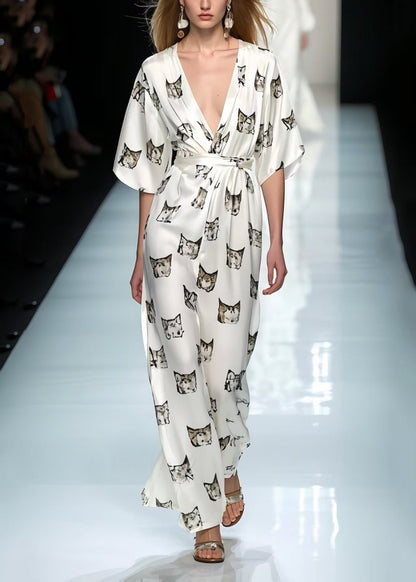 Italian White Cinched Print Silk Party Dress Summer