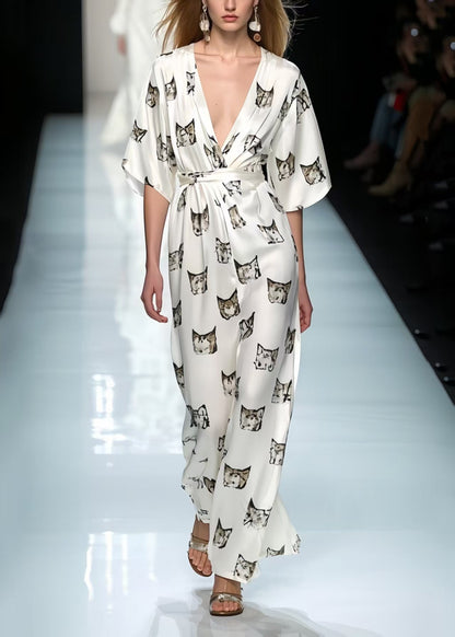 Italian White Cinched Print Silk Party Dress Summer