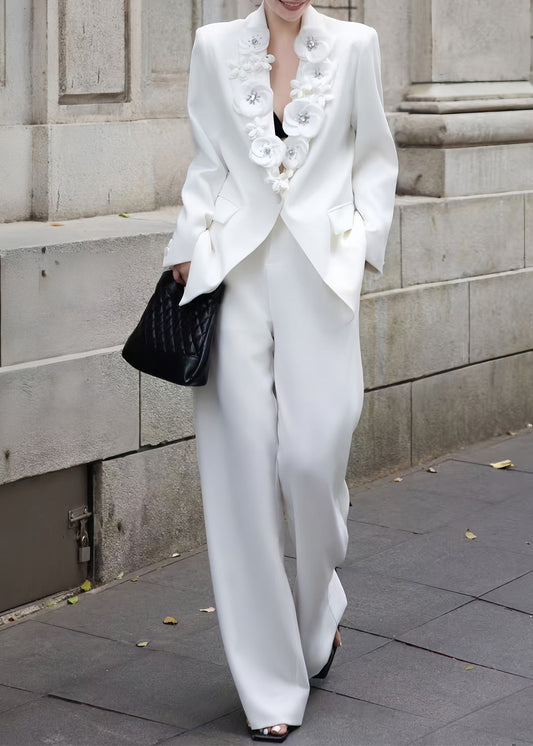 Italian White Floral Decorated Suit Coat And Pants Two Pieces Set Fall