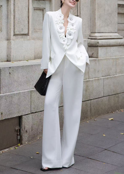 Italian White Floral Decorated Suit Coat And Pants Two Pieces Set Fall