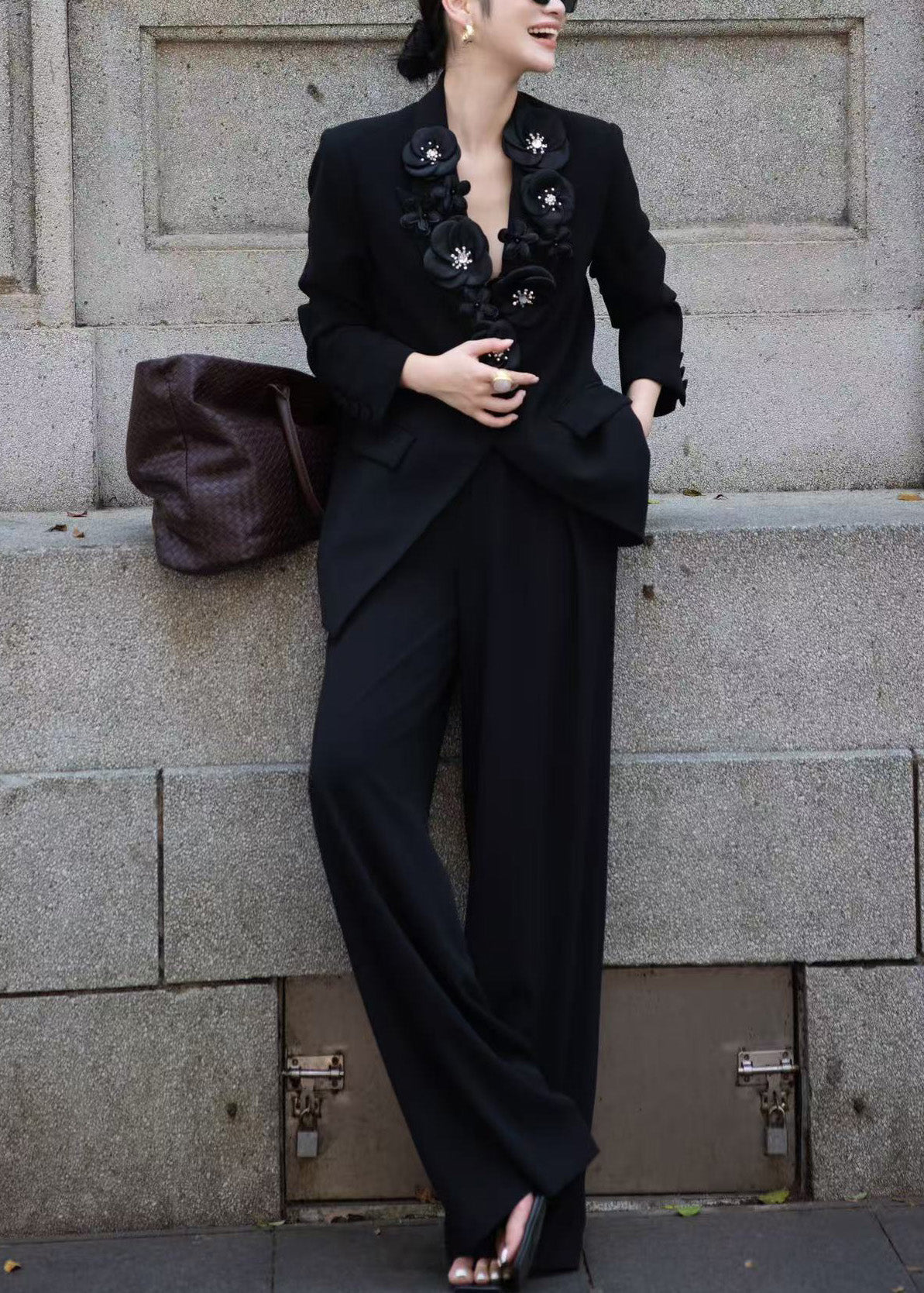 Italian White Floral Decorated Suit Coat And Pants Two Pieces Set Fall