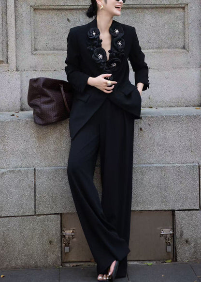 Italian White Floral Decorated Suit Coat And Pants Two Pieces Set Fall