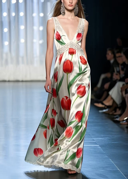 Italian White Floral Print Draping Silk Vestidos Dresses Summer