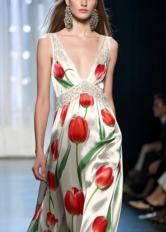 Italian White Floral Print Draping Silk Vestidos Dresses Summer