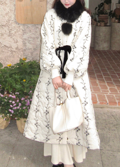 Parkas largas italianas de invierno con cuello de piel blanca, bolsillos y lazo en la cintura, rellenas de algodón