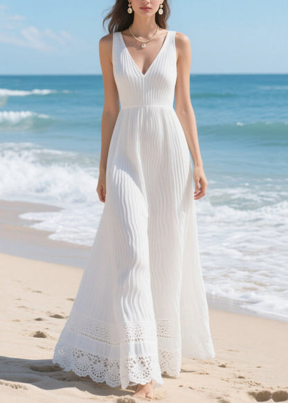 Italian White Hollow Out Wrinkled Chiffon Holiday Dress Summer