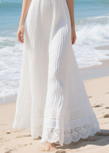 Italian White Hollow Out Wrinkled Chiffon Holiday Dress Summer