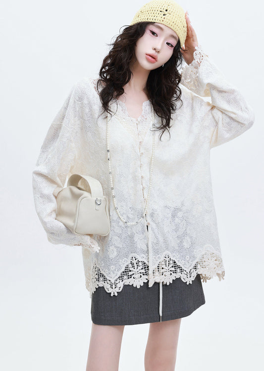Italian White Jacquard Patchwork Lace Shirts Spring