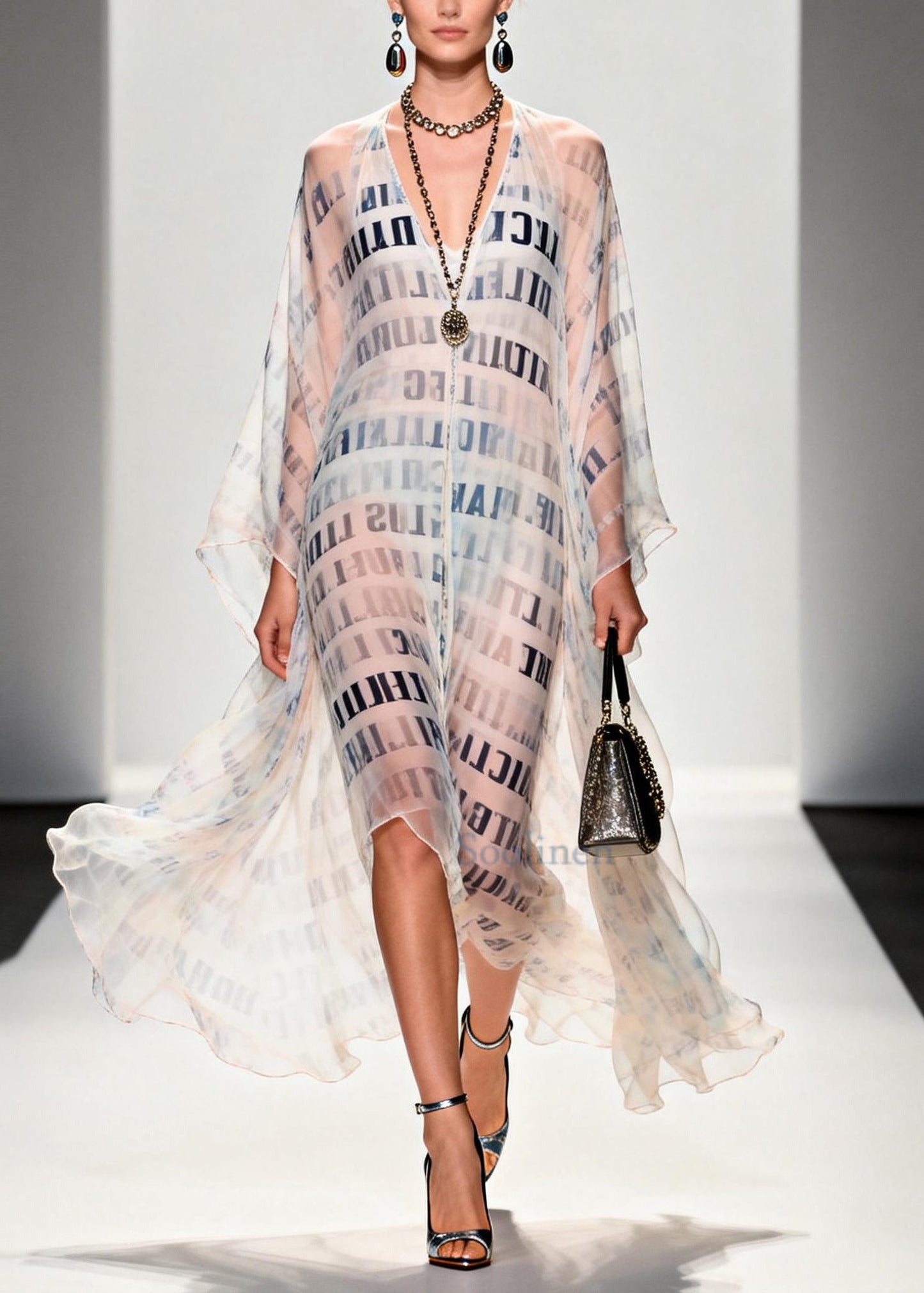 Italian White Letter Print Draping Chiffon Sheer Dress Summer