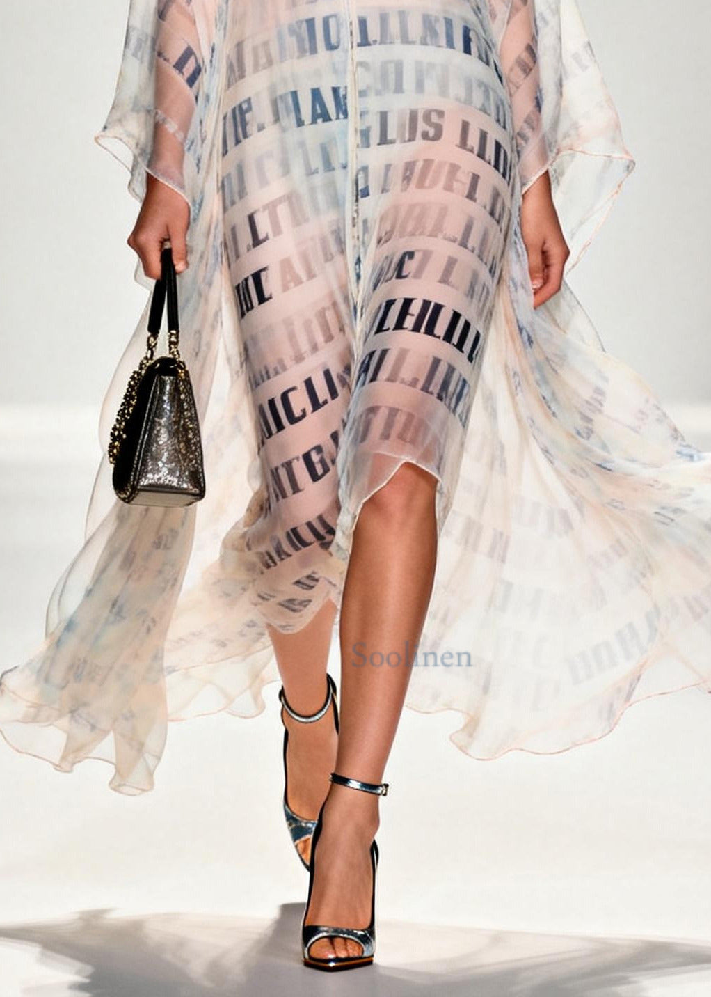 Italian White Letter Print Draping Chiffon Sheer Dress Summer