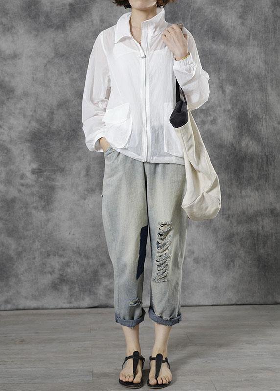 Italian White Loose Pockets Fall Tops Long Sleeve - SooLinen